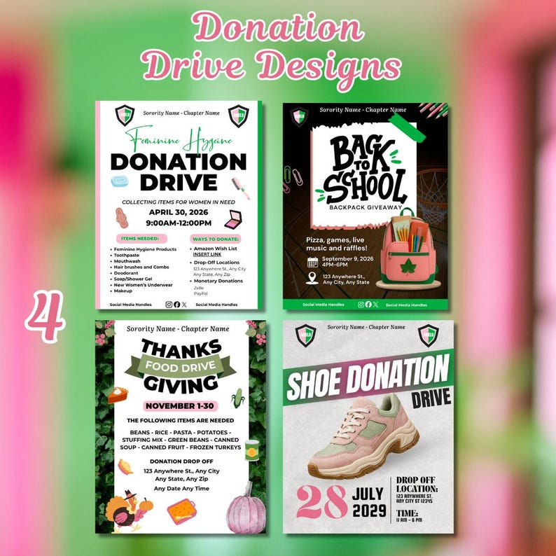 May include: Four flyers advertising donation drives. The top left flyer promotes a feminine hygiene donation drive. The top right flyer is for a back-to-school backpack giveaway. The bottom left flyer is for a food drive. The bottom right flyer is for a shoe donation drive.