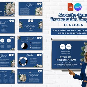 Könnte beinhalten: Eine digitale Präsentationsvorlage mit marineblauem Hintergrund, weißen Rosen und Perlenakzenten. Die Vorlage enthält 15 Folien mit dem Text "Sorority Canva Presentation Template!" und "Fully Editable".