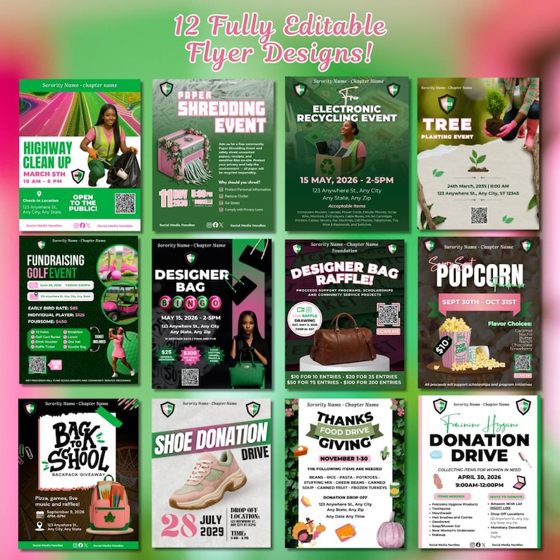 May include: Twelve fully editable flyer designs in green and pink, advertising events such as a highway cleanup, paper shredding, electronic recycling, tree planting, golf fundraising, designer bag bingo, popcorn sales, and a shoe donation drive. The flyers include text.