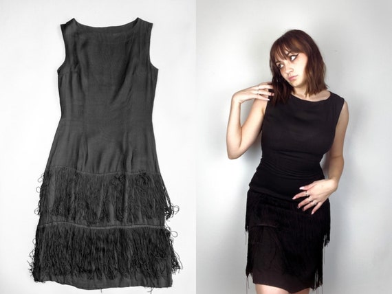 Vintage 30s /40s does 1920s Black Fringe Dress Fl… - image 1