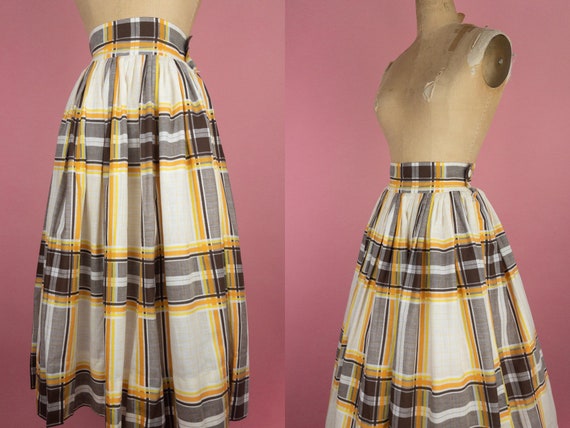 Vintage 50s Circle Full Skirt Plaid Orange Brown … - image 1