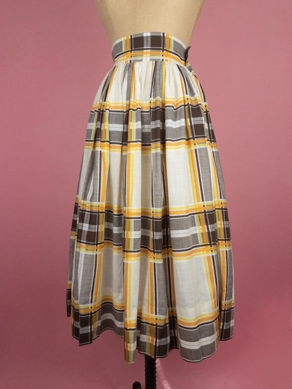 Vintage 50s Circle Full Skirt Plaid Orange Brown … - image 3