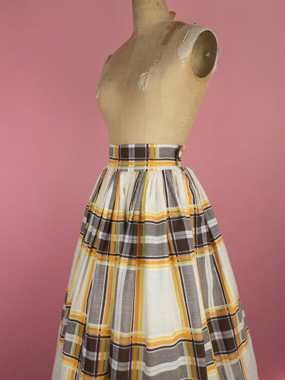 Vintage 50s Circle Full Skirt Plaid Orange Brown … - image 2