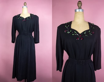 Vintage 40s VOLUP Sequin Dress Black with Matching Belt Evening Gown Pinup Rockabilly Glamour 1940s Floral Shoulder Pads Matching Belt