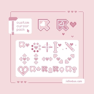 May include: A pink pixel art graphic featuring a "custom cursor pack" with various cursor designs. The designs include hearts, arrows, and other shapes. The website address "jelleebun.com" is visible at the bottom.