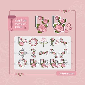 May include: A digital custom cursor pack featuring pixel art designs of pink roses on white arrow and pointer icons. The set includes various cursor shapes, including directional arrows, a loading circle, and a question mark, all decorated with rose motifs.