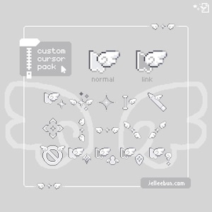 Op de afbeelding: Een digitaal aangepast cursorpakket met pixel art ontwerpen in grijstinten en wit. De collectie bevat diverse aanwijzerpictogrammen versierd met kleine vleugels, sterren en sprankelingen, gelabeld met tekst zoals custom cursor pack en jelleebun.com.