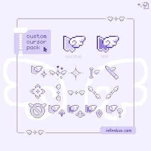 May include: A digital pixel art custom cursor pack featuring various icons in shades of light purple and white. The set includes winged pointers, stars, a pencil, and symbols with wings. Text reads custom cursor pack and jelleebun.com.