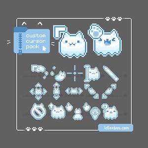 Op de afbeelding: Een verzameling pixel art cursor-iconen in blauw en wit, met katachtige karakters en diverse designelementen. De tekst "custom cursor pack" is zichtbaar. De website is jelleebun.com.