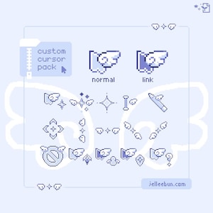 May include: A digital custom cursor pack featuring pixel art designs in shades of light blue and white. The set includes various icons such as winged pointers, stars, a pencil, and a forbidden symbol, all decorated with small angel wings and sparkles.