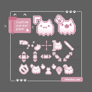 May include: A pixel art graphic featuring a custom cursor pack with various pink cat-themed designs. The text "custom cursor pack" is visible. The website jelleebun.com is also displayed.