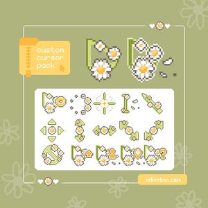 Puede incluir: Un paquete de cursores personalizados digitales con diseños de flores margarita en pixel art blanco, amarillo y verde claro. El conjunto incluye varias formas de punteros, flechas e iconos sobre un fondo rectangular blanco con el texto custom cursor pack.