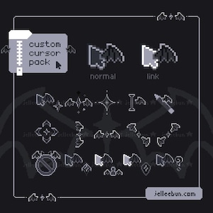 May include: A digital pixel art custom cursor pack featuring various bat-themed icons in shades of grey and white. The display includes a text box labelled custom cursor pack, a website address jelleebun.com, and multiple pointer designs.