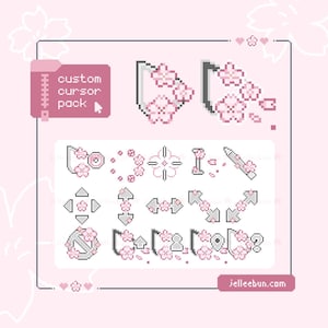 May include: A pink and white pixel art graphic showcasing a custom cursor pack. The pack includes various cursor designs, such as arrows, circles, and a pencil, all adorned with cherry blossom motifs. The text "custom cursor pack" is visible.
