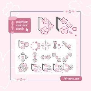 May include: A digital pixel art custom cursor pack featuring various mouse pointer designs decorated with light pink cherry blossom flowers. The set includes arrows, a pencil, a crosshair, and icons with symbols, all set against a soft pink background.