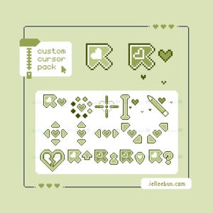 May include: A digital art graphic featuring a custom cursor pack in shades of green. The design includes pixelated cursors, hearts, arrows, and other symbols. Text on the image reads "custom cursor pack" and "jelleebun.com".