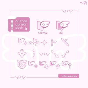 May include: A digital pixel art custom cursor pack in shades of light pink and white. The graphic features various cursor designs including winged pointers, stars, and icons labelled with text such as custom cursor pack, normal, link, and jelleebun.com.