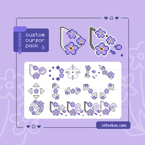 May include: A digital pixel art custom cursor pack featuring light purple and blue flower motifs. The set includes various arrow, pointer, and selection icons decorated with small blossoms, displayed within a framed purple interface.
