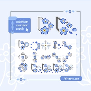 Op de afbeelding: Een digitale kunstafbeelding van een aangepast cursorpakket. Het ontwerp toont gepixelde blauwe vergeet-mij-nietjes in verschillende cursorvormen, waaronder pijlen en aanwijzers. De tekst "custom cursor pack" is zichtbaar in een blauw vak. De website jelleebun.com is ook zichtbaar.