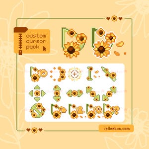 Könnte beinhalten: Eine digitale Grafik mit einem benutzerdefinierten Cursor-Paket mit Sonnenblumen-Designs. Das Paket enthält verschiedene Cursorformen und -stile, wie Pfeile, Zeiger und Ladesymbole, die alle mit pixeligen Sonnenblumen verziert sind. Der Text "custom cursor pack" ist sichtbar.