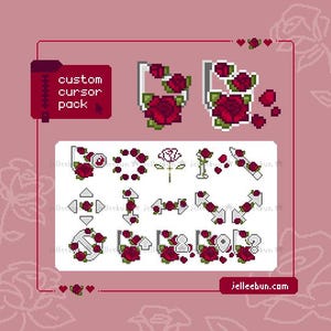 May include: A digital pixel art custom cursor pack featuring red roses and green leaves on various pointer shapes. The set includes arrows, selection tools, and icons with rose motifs, displayed against a dusty pink background with text.