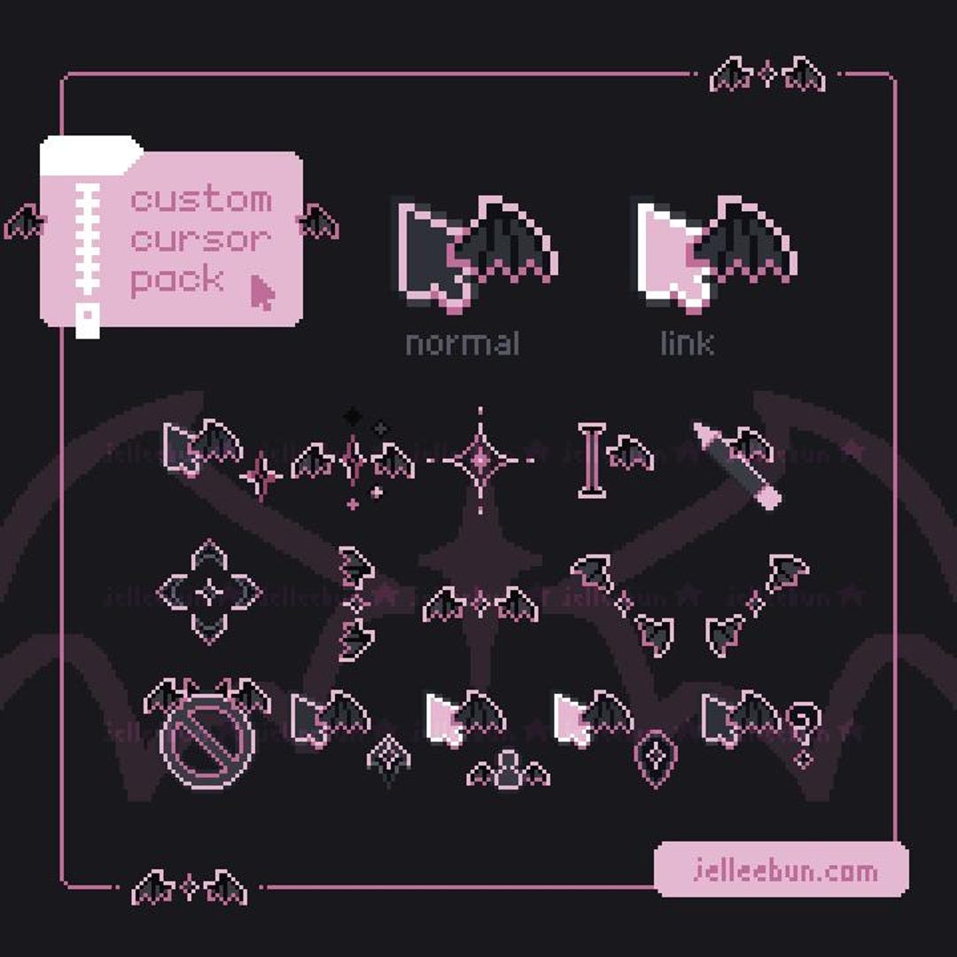 Pink Witchy Bat Wing Animated Pixel Art Mouse Cursor Pack (windows .ani ...