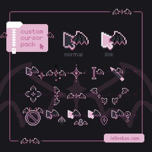 Puede incluir: Un paquete de cursores personalizados en pixel art digital que presenta varios iconos con temática de murciélago en tonos rosa claro, gris oscuro y blanco. La colección incluye punteros, cursores de enlace, estrellas y símbolos de utilidad.