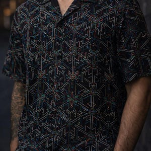 Psychedelic Geometric Button Up Shirt – Trippy Festival Shirt | All Over Print Statement Top