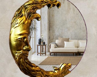 Bronze Crescent Moon Mirror: Art Nouveau Celestial Decor