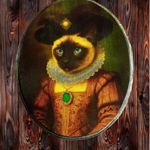 Handgemachtes Vintage Katzen Portrait: Rustikales Wandbild