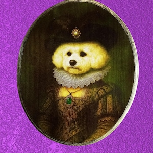 Retrato de perro faldero en un árbol, retrato victoriano, placa decorativa de madera, arte mural de animales vintage, arte animal ovalado, pinturas de animales con marco ovalado