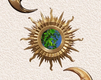 Celestial Sun and Moon Mirror Set – Gold Resin Boho Wall Decor Trio