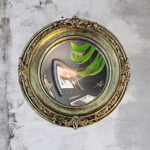 May include: A round, antique-style mirror with a gold-colored, ornate frame. The mirror reflects a dark interior with other framed objects and a large green plant. The mirror is mounted on a textured, light gray wall.