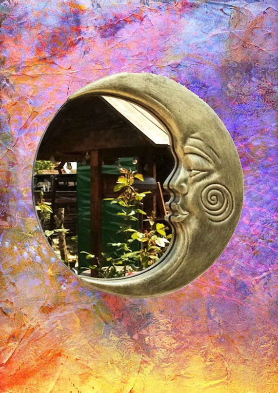 Bronze Crescent Moon Mirror: Art Nouveau Resin Celestial Decor