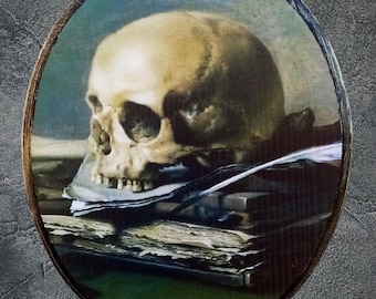Oval wooden frame painting by Klas, Peter Vanitas Gothic print with skull, vintage style mural