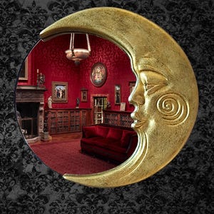 Mondaugen-Spiegel • Halbmond-Wanddeko • Himmlische Kunst aus Kunstharz • Mystischer Bronze-Mondspiegel