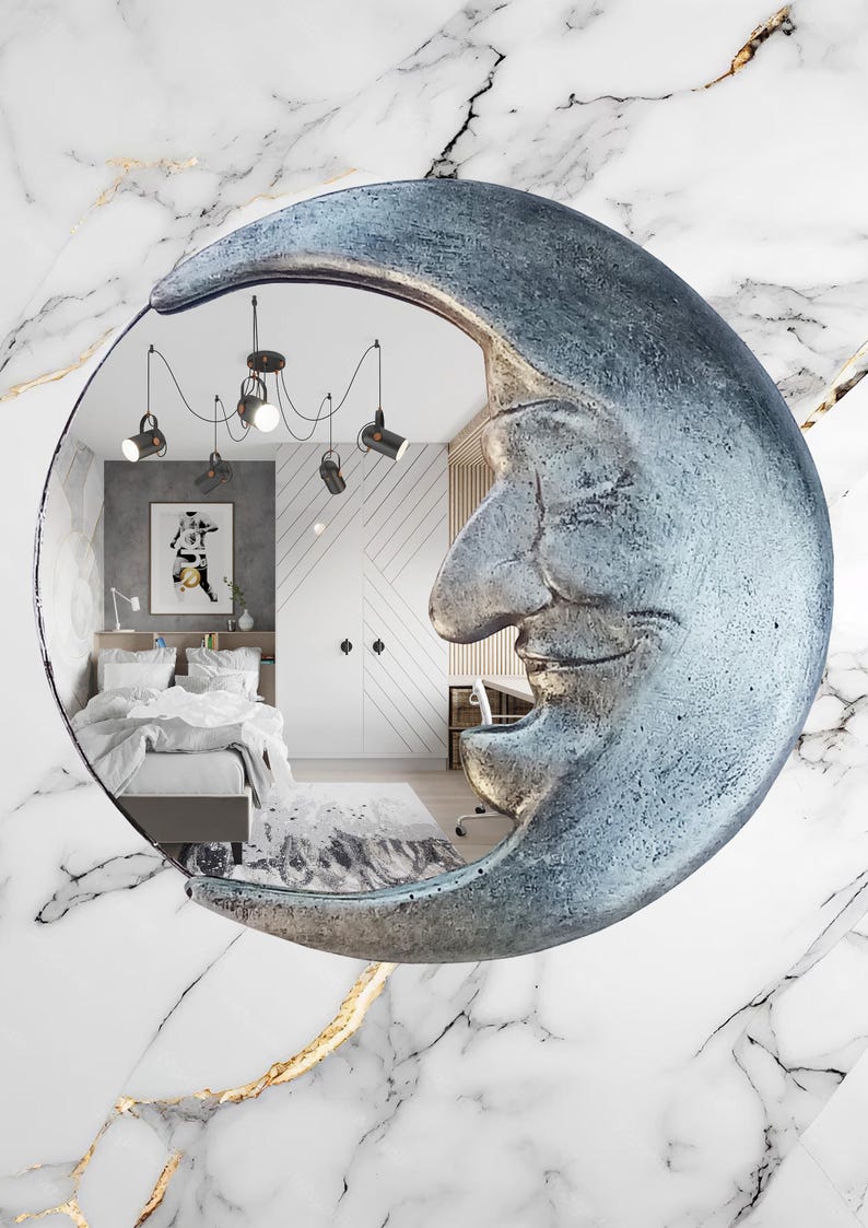 Handmade Crescent Moon Mirror • Silver Resin Celestial Wall Art image 19
