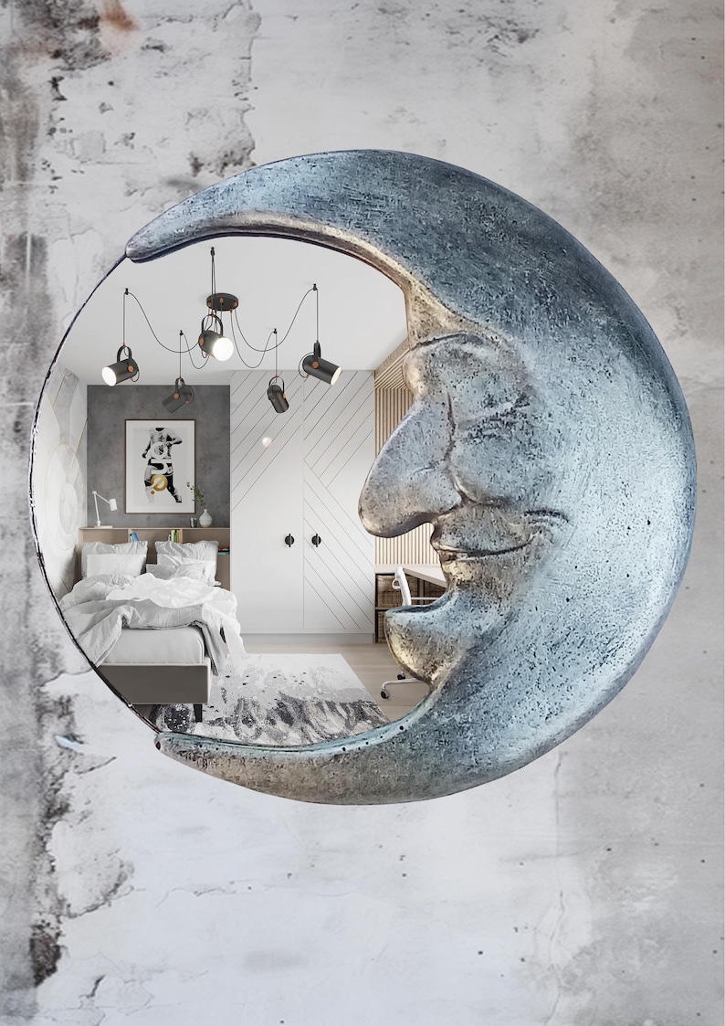 Handmade Crescent Moon Mirror • Silver Resin Celestial Wall Art image 9