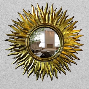 Art Deco Sunburst-spegel • Väggdekor i bronsfärgat harts, vintage rund accentspegel