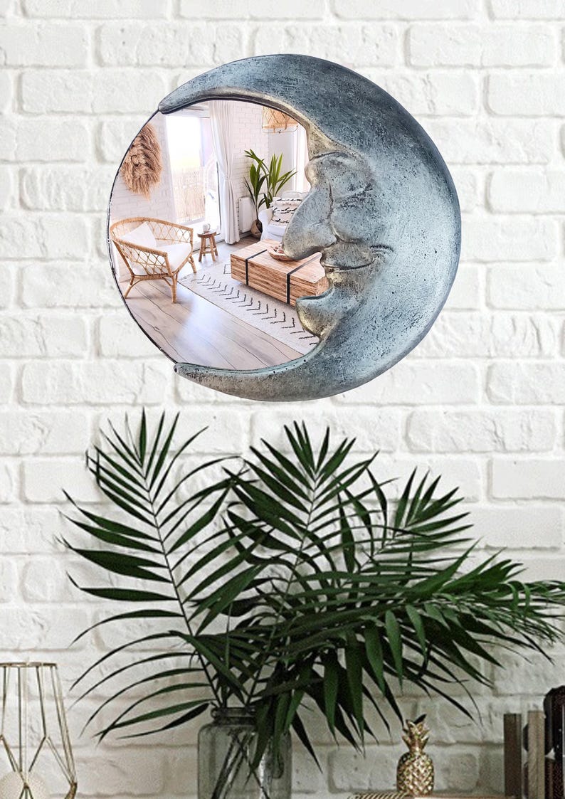Handmade Crescent Moon Mirror • Silver Resin Celestial Wall Art image 7