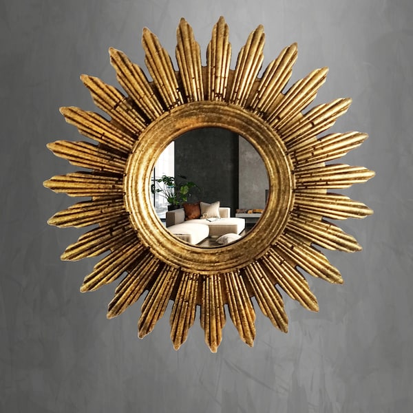 Handgemaakte bronzen spiegel met zonnestralenmotief: Vintage wanddecoratie van hars (diameter 14,5 cm)
