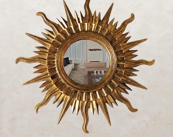 Art Deco Sunburst Mirror Bronze – Vintage Resin Wall Mirror for Entryway, Small Sun Mirror Wall Decor, Boho Accent Mirror