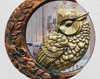 Handmade Resin Owl Moon Mirror • Art Nouveau Celestial Wall Decor