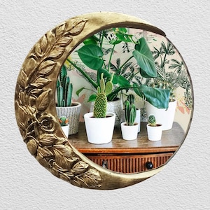 Art Nouveau Moon Mirror • Handmade Resin Crescent • Celestial Wall Decor • Gold Moon Accent • 6 inch Moon Mirror