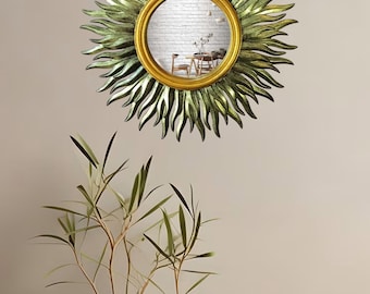 Art Deco Sunburst Mirror Brass – Vintage Resin Wall Mirror for Entryway, Small Sun Mirror Wall Decor, Boho Accent Mirror