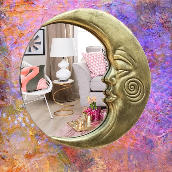 Handmade Bronze Crescent Moon Mirror, Resin Lunar Wall Decor in Art Nouveau Style Celestial Home Accent for Boho Witchy and Mystic Interior
