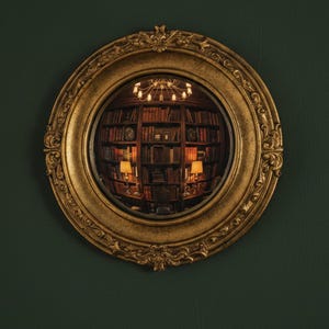 Peut inclure: Un miroir convexe rond doté d'un cadre doré texturé et orné de détails complexes en volutes. La surface réfléchissante présente une vue grand angle déformée d'un intérieur de bibliothèque avec des étagères, des lampes et un lustre.
