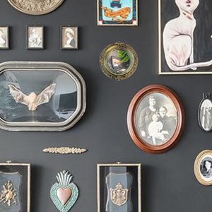 May include: A gallery wall featuring various framed artworks and decorative objects. Includes a framed bat specimen, vintage portraits, a hot air balloon painting, and a cat portrait. The frames vary in shape and style, creating a curated, eclectic aesthetic.