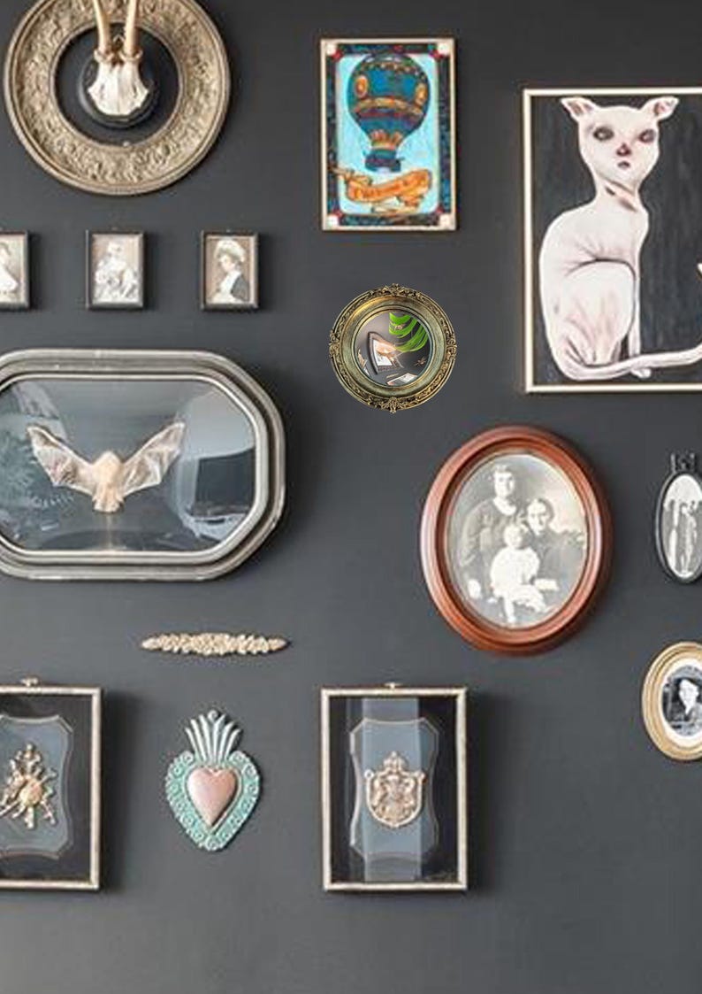 May include: A gallery wall featuring various framed artworks and decorative objects. Includes a framed bat specimen, vintage portraits, a hot air balloon painting, and a cat portrait. The frames vary in shape and style, creating a curated, eclectic aesthetic.