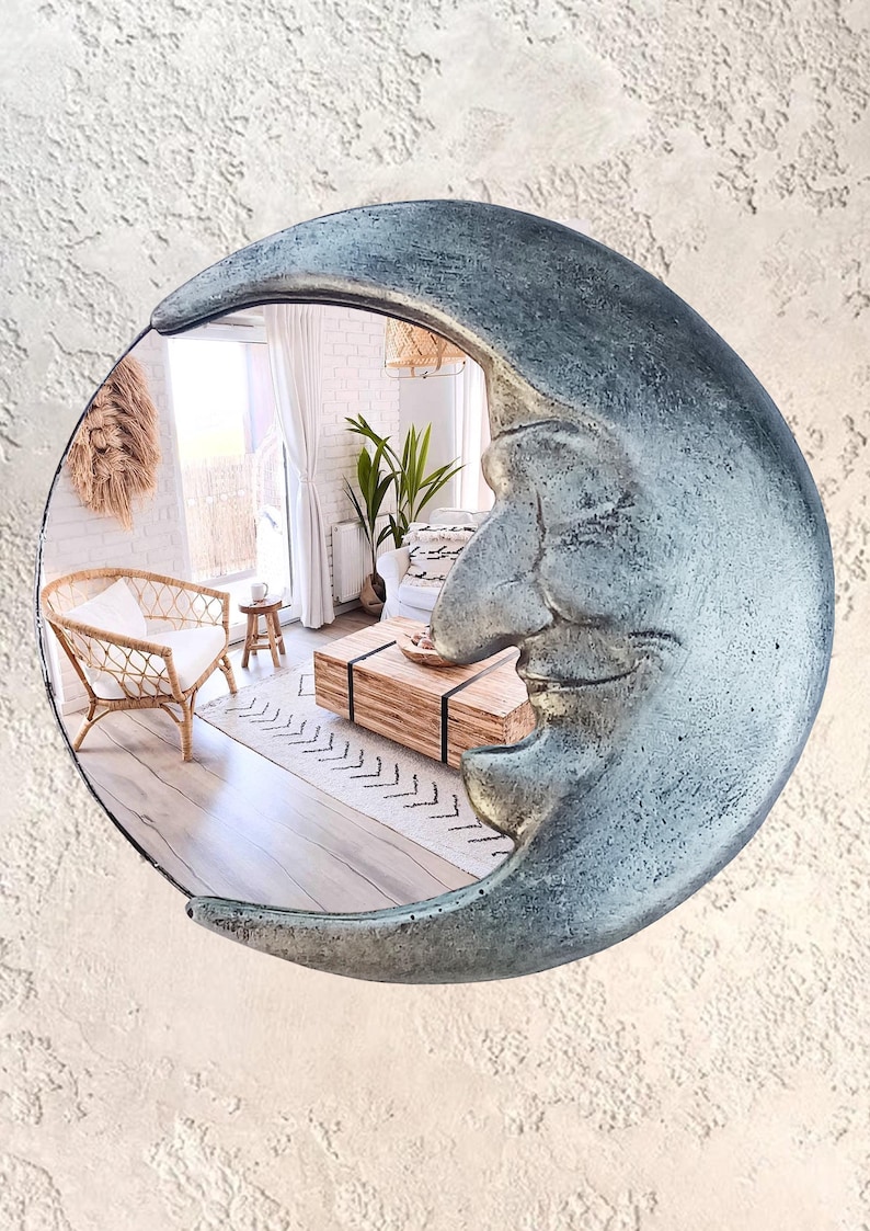 Handmade Crescent Moon Mirror • Silver Resin Celestial Wall Art image 2